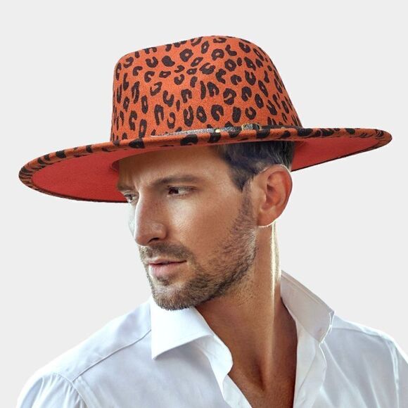 Leopard Patterned Orange Felt Rancher Panama Hat - Picture 1 of 6